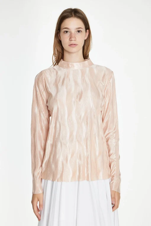 Glamorous Best Dressed Guest|Tops & T-shirts|Nude Plisse Long-Sleeve High-Neck Top -