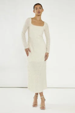 Glamorous Day Dresses|Party Dresses|Nude Textured-Sequin Square-Neck Midaxi-Dress -