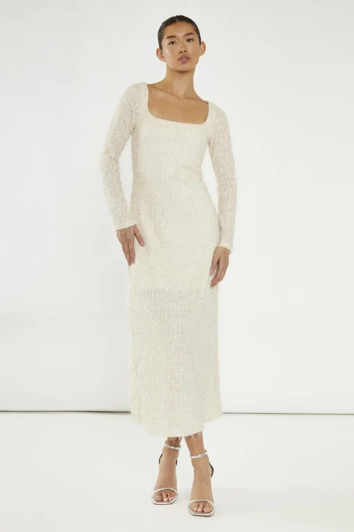 Glamorous Day Dresses|Party Dresses|Nude Textured-Sequin Square-Neck Midaxi-Dress -