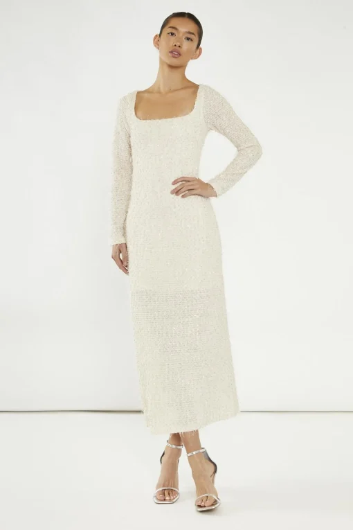 Glamorous Day Dresses|Party Dresses|Nude Textured-Sequin Square-Neck Midaxi-Dress -