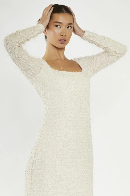 Glamorous Day Dresses|Party Dresses|Nude Textured-Sequin Square-Neck Midaxi-Dress -