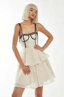 Glamorous Prom|Best Dressed Guest|Nude-Black Tiered Corset Mini-Dress -