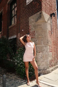 Glamorous Co-ords|Tops|Nude-Peach Button-Up-Sleeveless Crop-Top -