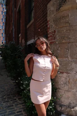 Glamorous Co-ords|Tops|Nude-Peach Button-Up-Sleeveless Crop-Top -