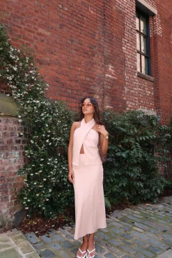 Glamorous Co-ords|Tops|Nude-Peach Cross-Halter-Neck Crop-Top -