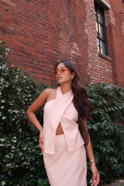 Glamorous Co-ords|Tops|Nude-Peach Cross-Halter-Neck Crop-Top -