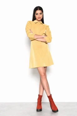 Glamorous Day Dresses|Party Dresses|Ochre-PU Collared Mini Shirt-Dress -