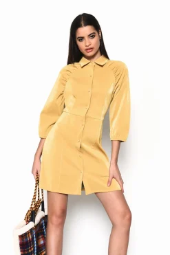 Glamorous Day Dresses|Party Dresses|Ochre-PU Collared Mini Shirt-Dress -