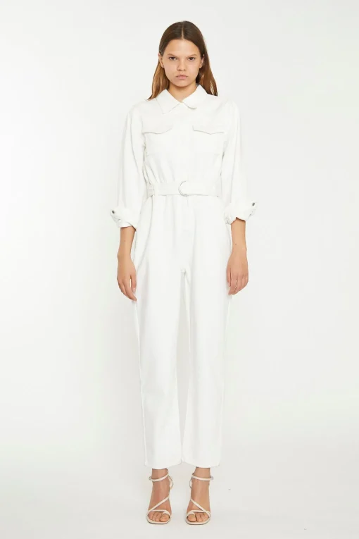 Glamorous Workwear|Chic Escapes|Off White Belted Denim Jumpsuit -