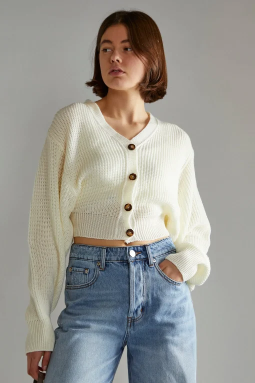 Glamorous Cardigans|Off White Button Front Cropped Cardigan -