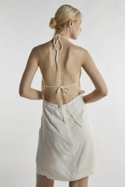Glamorous Day Dresses|Mini Dresses|Off White Linen Halter-Neck Mini-Dress -