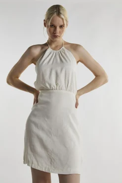 Glamorous Day Dresses|Mini Dresses|Off White Linen Halter-Neck Mini-Dress -