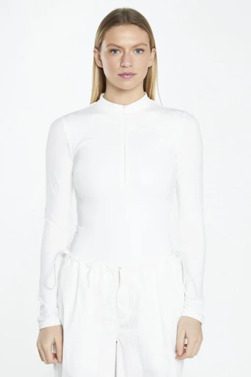 Glamorous Crops, Corsets & Bodysuits|Off White Long-Sleeve Zip-Up Bodysuit -