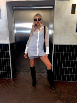 Glamorous Go To Partywear|Blouses & Shirts|Off White Organza Back-Split Oversized-Shirt -