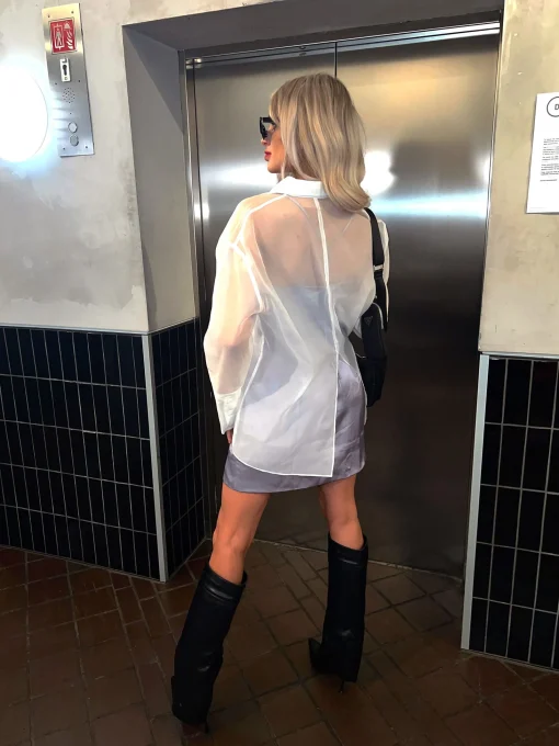 Glamorous Go To Partywear|Blouses & Shirts|Off White Organza Back-Split Oversized-Shirt -