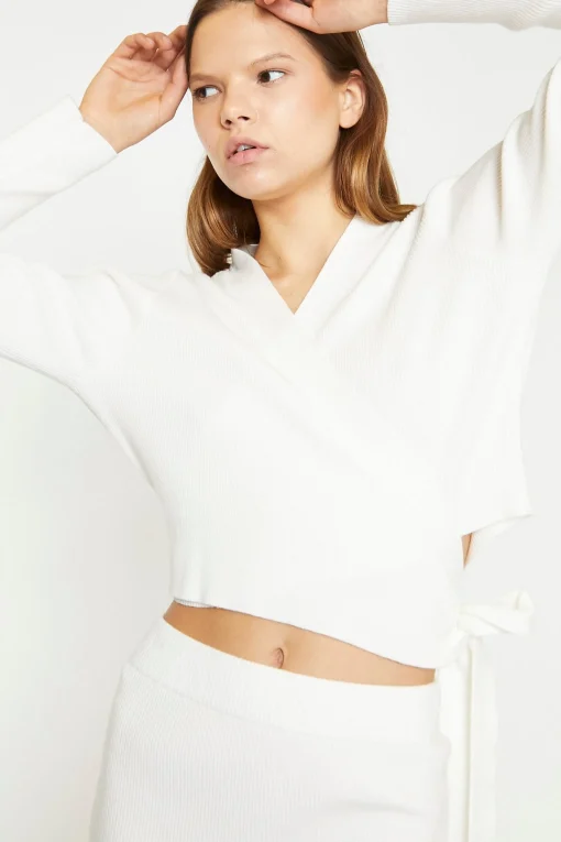 Glamorous Chic Escapes|Co-ords|Off White Rib Knit Wrap-Top -