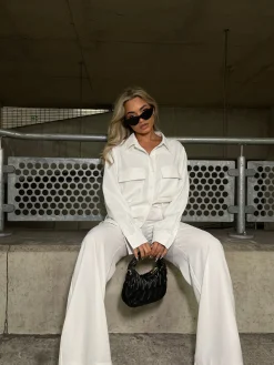 Glamorous Prom|Workwear|Off White Wide leg High Waisted-Trousers -