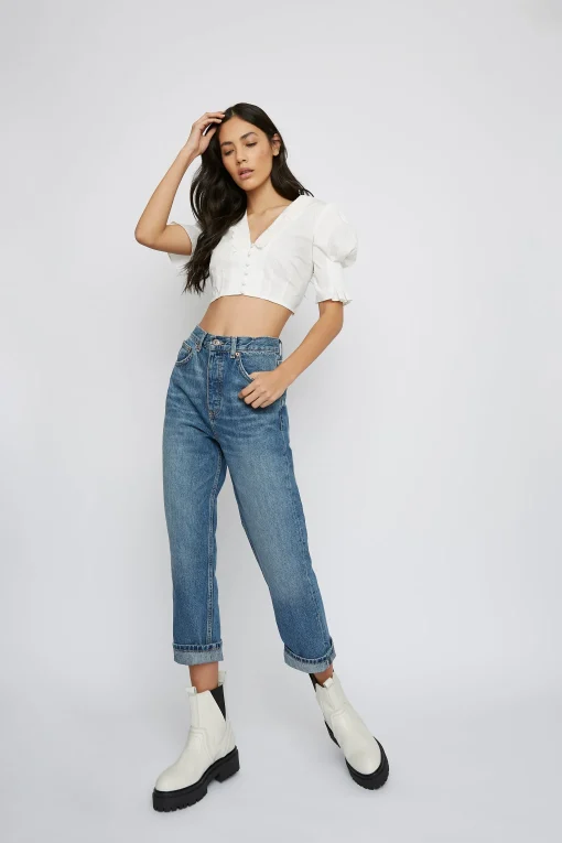 Glamorous Tops & T-shirts|Off-White Button-Down Crop-Top -