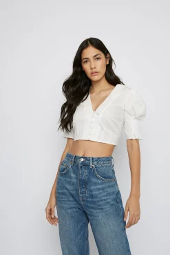 Glamorous Tops & T-shirts|Off-White Button-Down Crop-Top -