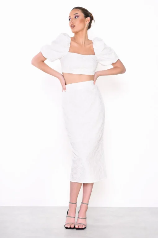 Glamorous Co-ords|Midi & Midaxi Skirts|Off-White Jacquard Pencil Midi-Skirt -