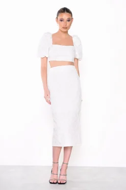 Glamorous Going Out Tops|Co-ords|Off-White Jacquard Puff Sleeve Crop-Top -