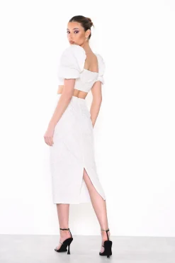 Glamorous Going Out Tops|Co-ords|Off-White Jacquard Puff Sleeve Crop-Top -