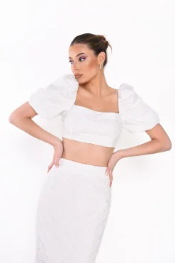 Glamorous Going Out Tops|Co-ords|Off-White Jacquard Puff Sleeve Crop-Top -