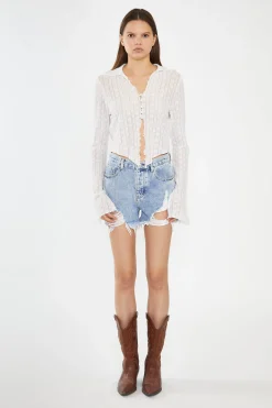 Glamorous Tops & T-shirts|Off-White Lace Button-Through Asymmetrical-Top -