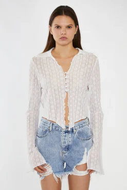 Glamorous Tops & T-shirts|Off-White Lace Button-Through Asymmetrical-Top -