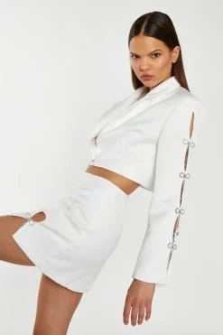 Glamorous Workwear|Go To Partywear|Off-White Satin Diamante Bow Crop-Blazer -