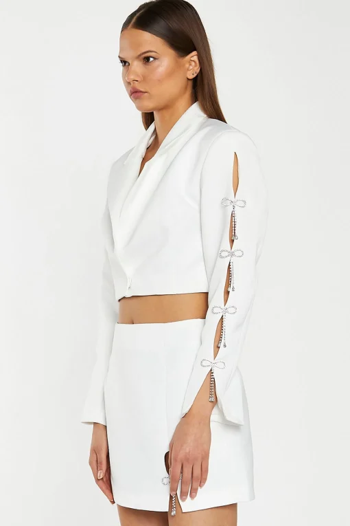 Glamorous Workwear|Go To Partywear|Off-White Satin Diamante Bow Crop-Blazer -