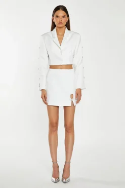 Glamorous Workwear|Go To Partywear|Off-White Satin Diamante Bow Crop-Blazer -
