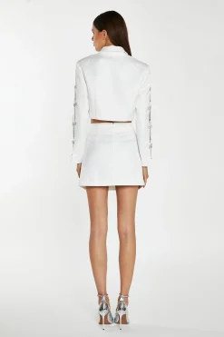 Glamorous Workwear|Go To Partywear|Off-White Satin Diamante Bow Mini-Skirt -