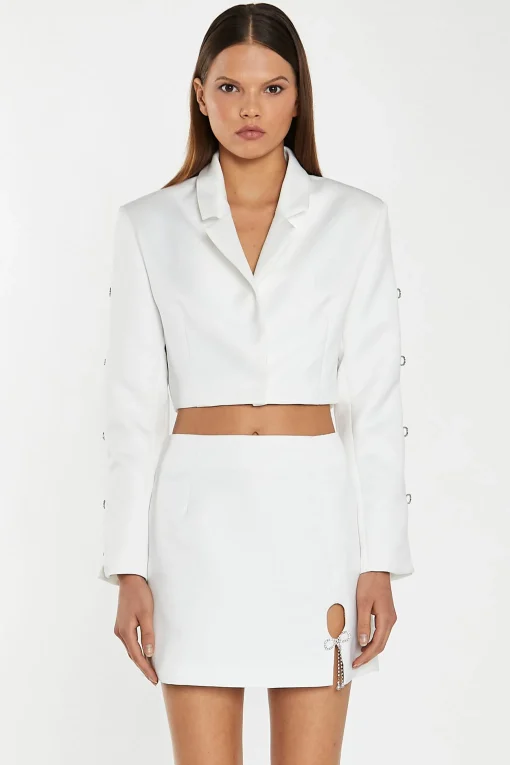 Glamorous Workwear|Go To Partywear|Off-White Satin Diamante Bow Mini-Skirt -
