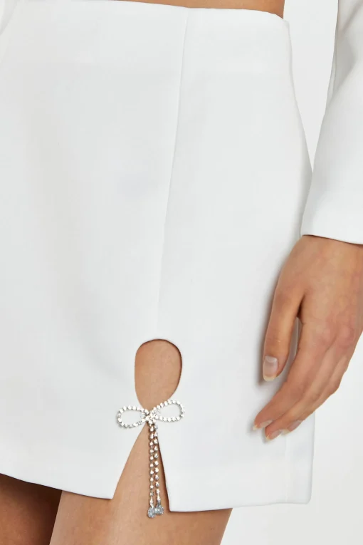 Glamorous Workwear|Go To Partywear|Off-White Satin Diamante Bow Mini-Skirt -