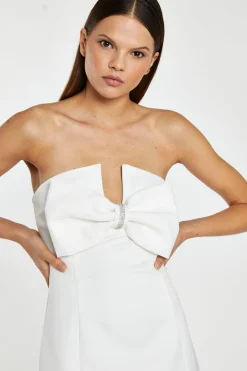 Glamorous Workwear|Go To Partywear|Off-White Satin Strapless Bow Mini-Dress -