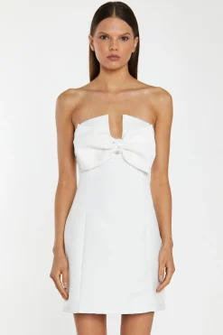 Glamorous Workwear|Go To Partywear|Off-White Satin Strapless Bow Mini-Dress -