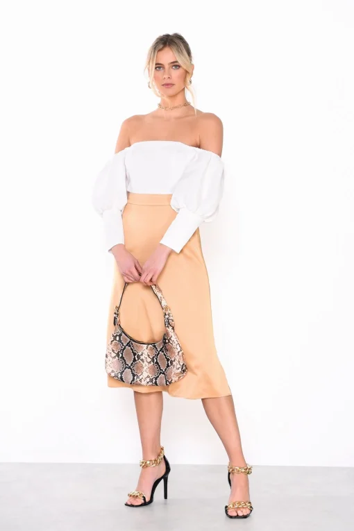 Glamorous Crops, Corsets & Bodysuits|Off-White Textured Puff-Sleeve Bardot-Bodysuit -