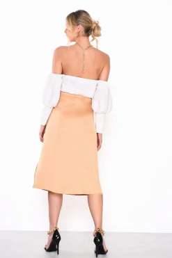 Glamorous Crops, Corsets & Bodysuits|Off-White Textured Puff-Sleeve Bardot-Bodysuit -