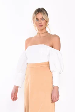 Glamorous Crops, Corsets & Bodysuits|Off-White Textured Puff-Sleeve Bardot-Bodysuit -