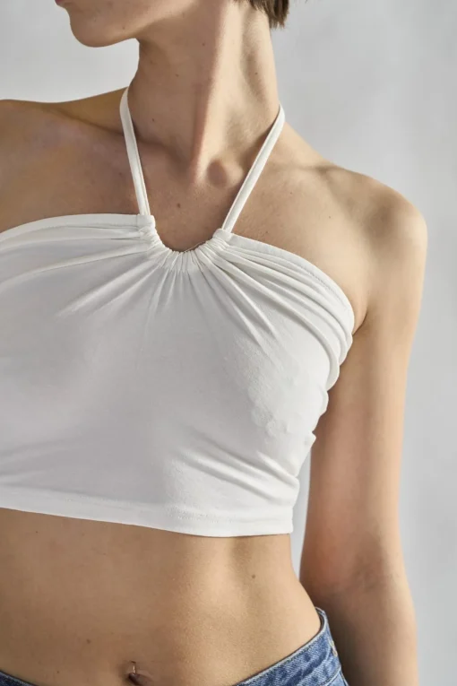 Glamorous Tops & T-shirts|Off-White Tie Neck Halter Crop-Top -