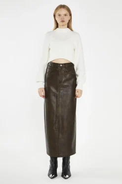 Glamorous Going Out Skirts|Midi & Midaxi Skirts|Olive-Brown Distressed-PU Straight Midi-Skirt -