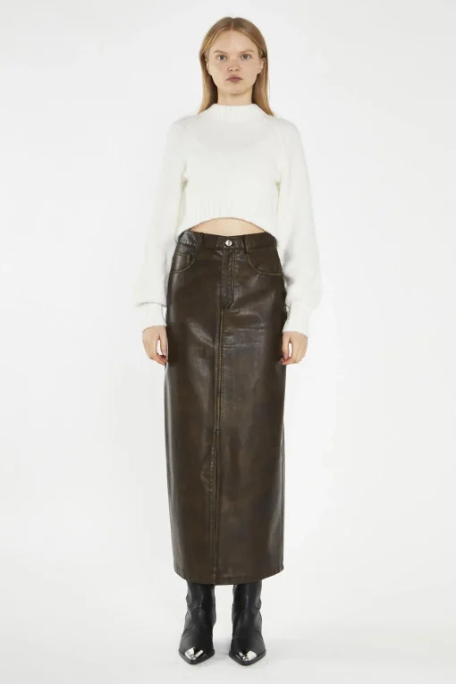 Glamorous Going Out Skirts|Midi & Midaxi Skirts|Olive-Brown Distressed-PU Straight Midi-Skirt -