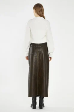 Glamorous Going Out Skirts|Midi & Midaxi Skirts|Olive-Brown Distressed-PU Straight Midi-Skirt -
