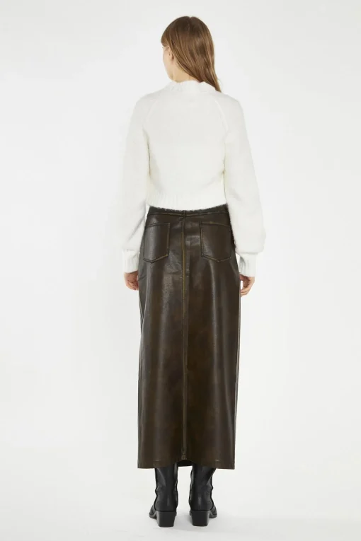 Glamorous Going Out Skirts|Midi & Midaxi Skirts|Olive-Brown Distressed-PU Straight Midi-Skirt -