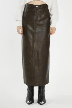 Glamorous Going Out Skirts|Midi & Midaxi Skirts|Olive-Brown Distressed-PU Straight Midi-Skirt -
