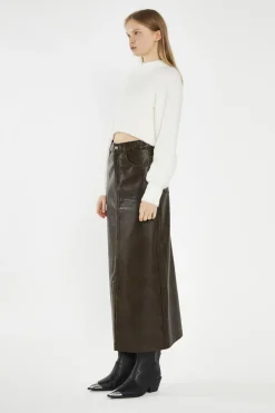 Glamorous Going Out Skirts|Midi & Midaxi Skirts|Olive-Brown Distressed-PU Straight Midi-Skirt -