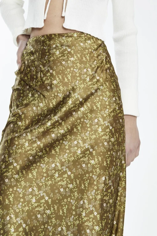 Glamorous Midi & Midaxi Skirts|Olive-Lime Floral Bias-Cut Midi-Skirt -