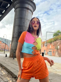 Glamorous Chic Escapes|Woven Shorts|Orange Checkerboard Patch Pocket Track shorts -