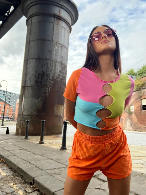 Glamorous Chic Escapes|Woven Shorts|Orange Checkerboard Patch Pocket Track shorts -